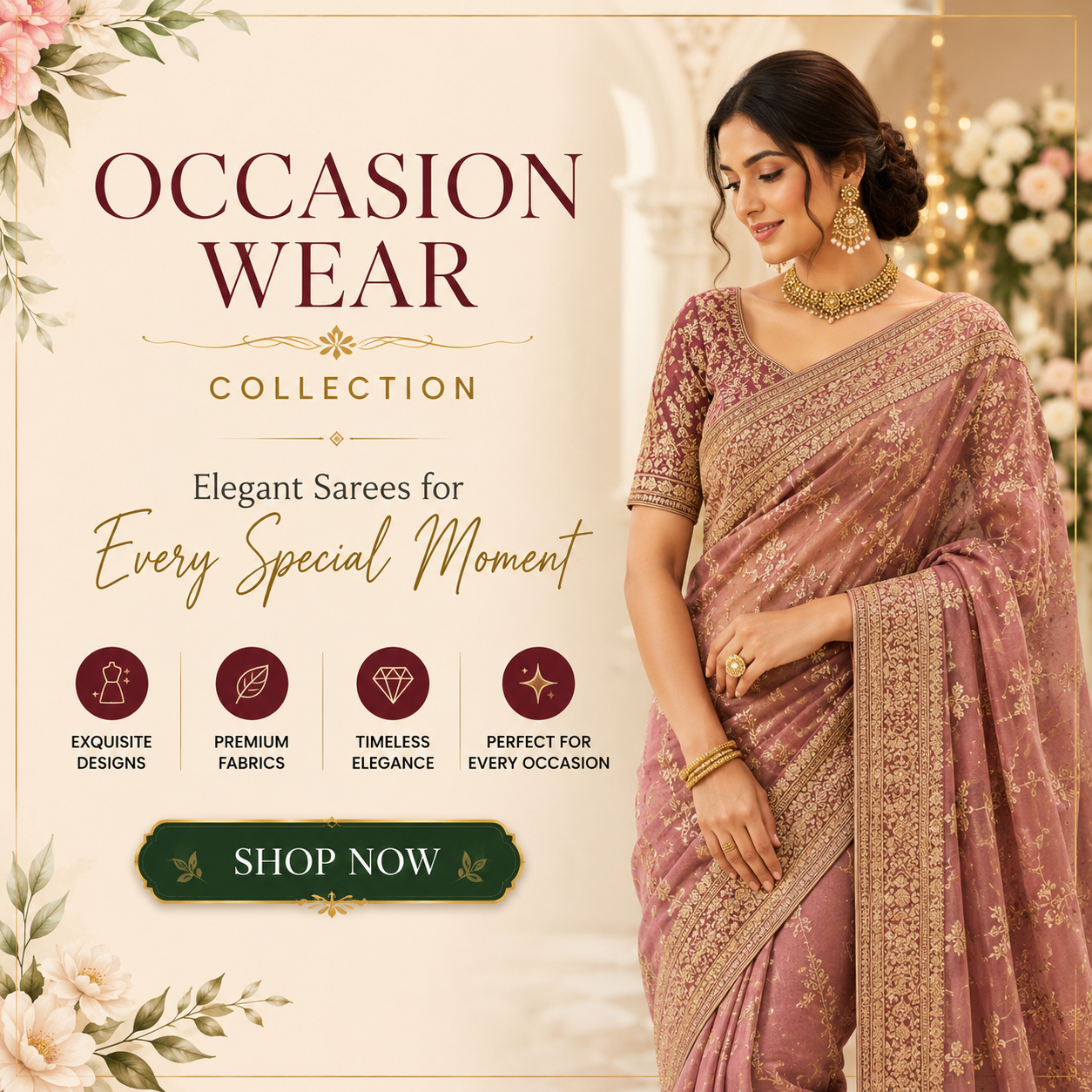 Premium Occasion Wear Sarees from Vini's Ethnic, featuring elegant designs perfect for weddings, festive celebrations, receptions, and special occasions. 