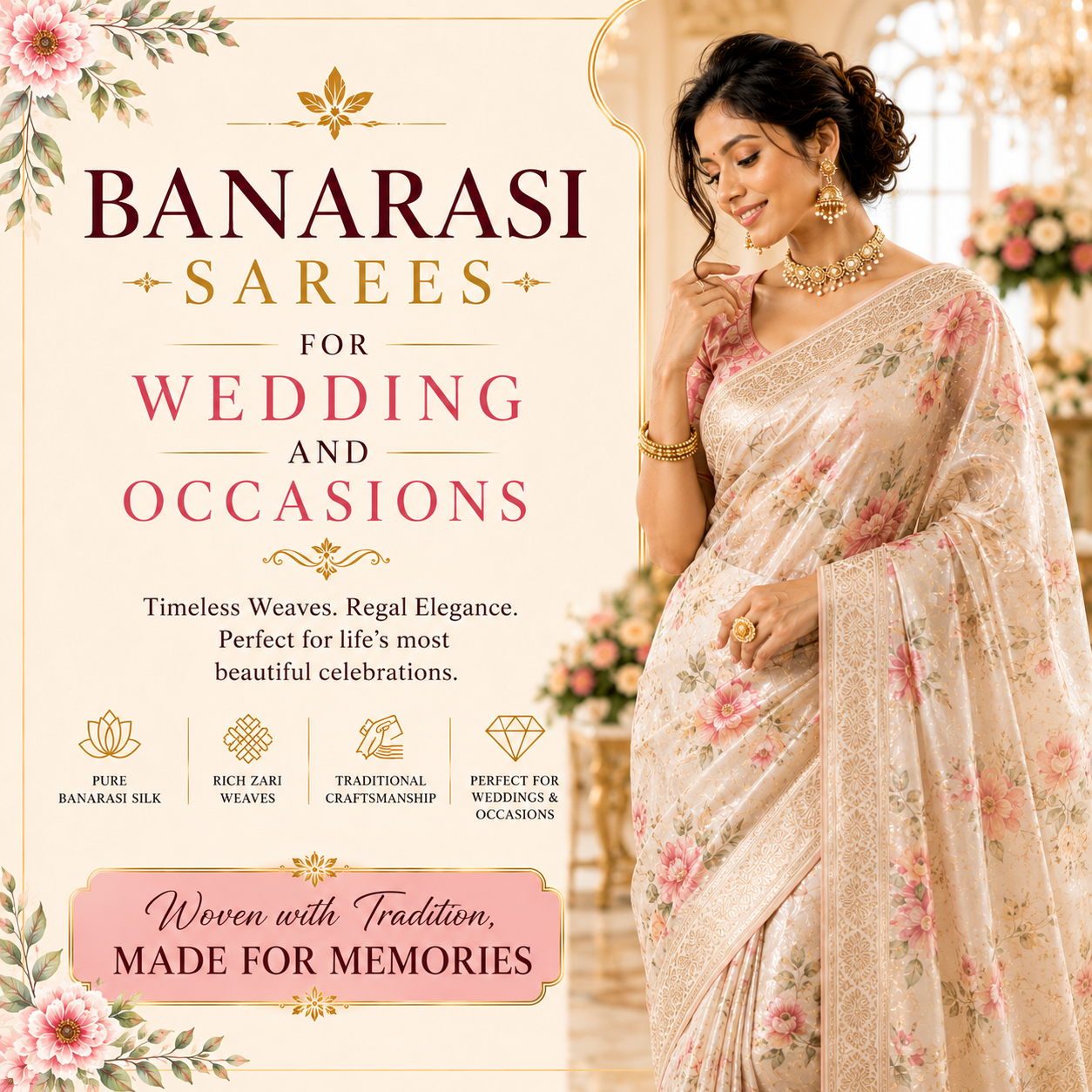 Elegant Floral Banarasi Saree for Weddings and Special Occasions by Vini's Ethnic