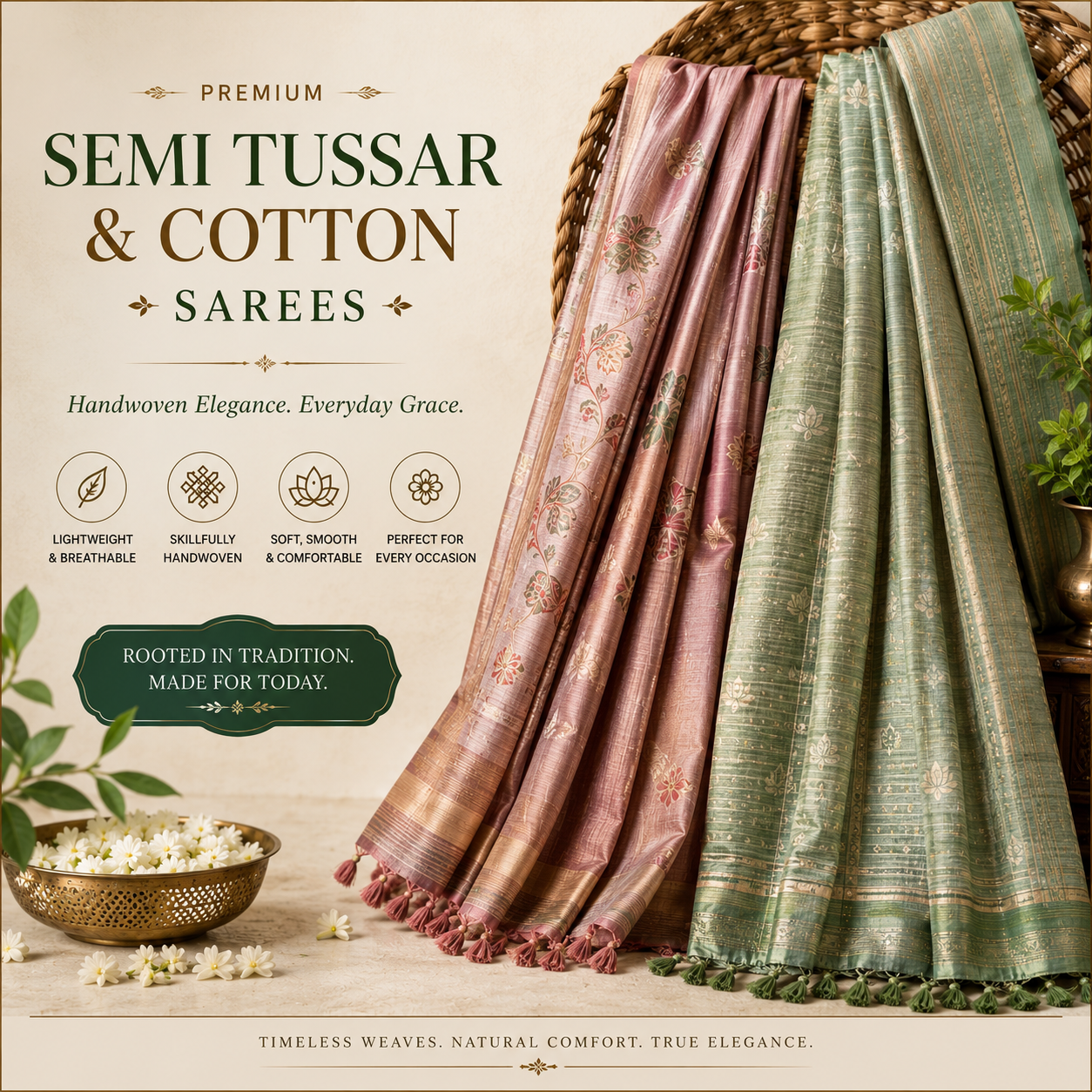 Semi Tussar and Cotton Saree Collection by Vini's Ethnic