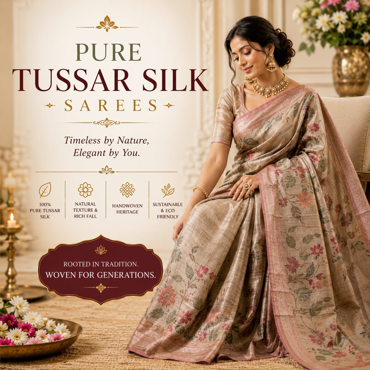 Pure Tussar Silk Saree for Weddings and Celebrations by Vini's Ethnic