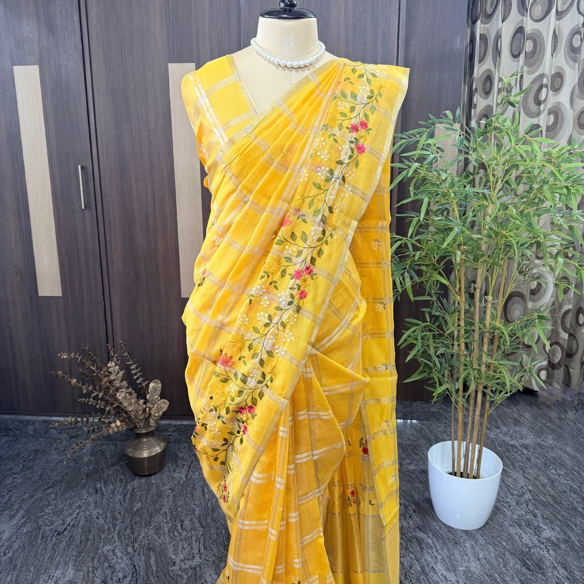 Mustard Chekcs Floral Embroidery Semi Tussar Saree