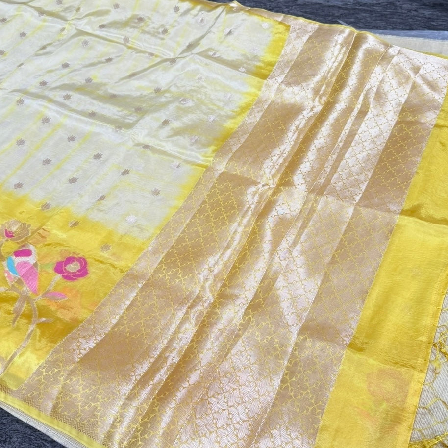 Yellow Off White Floral Paper Silk Saree