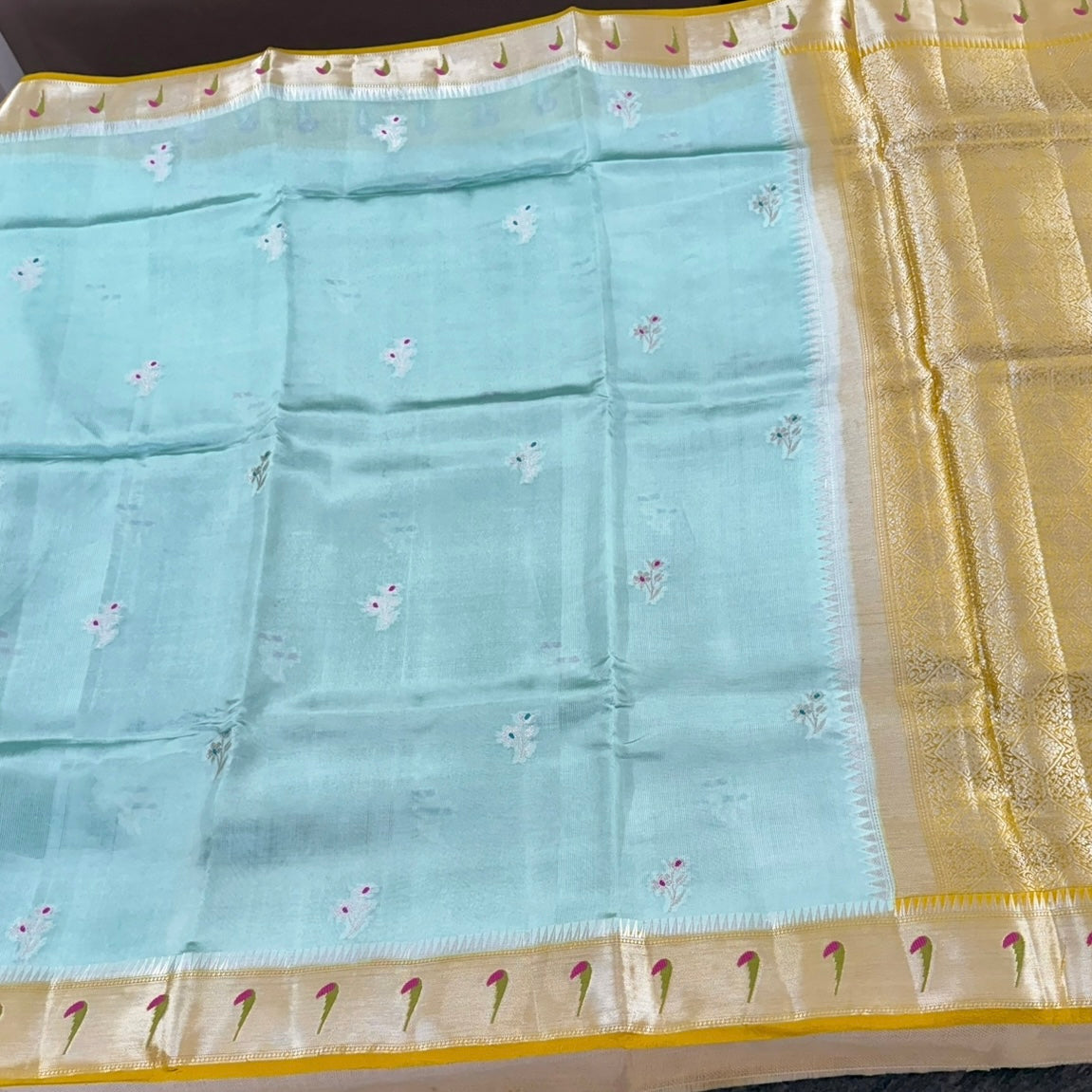 Soft pastel Aqua Floral Paithani Kora Silk Saree