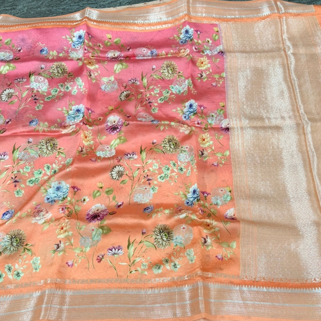 Peach with Pink Floral Ombré Digital Raw Mango Silk Saree
