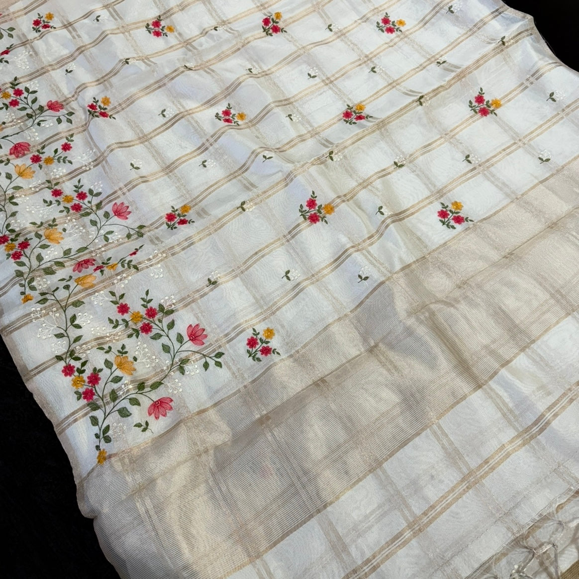 Off white Checks Floral Embroidery Semi Tussar Saree