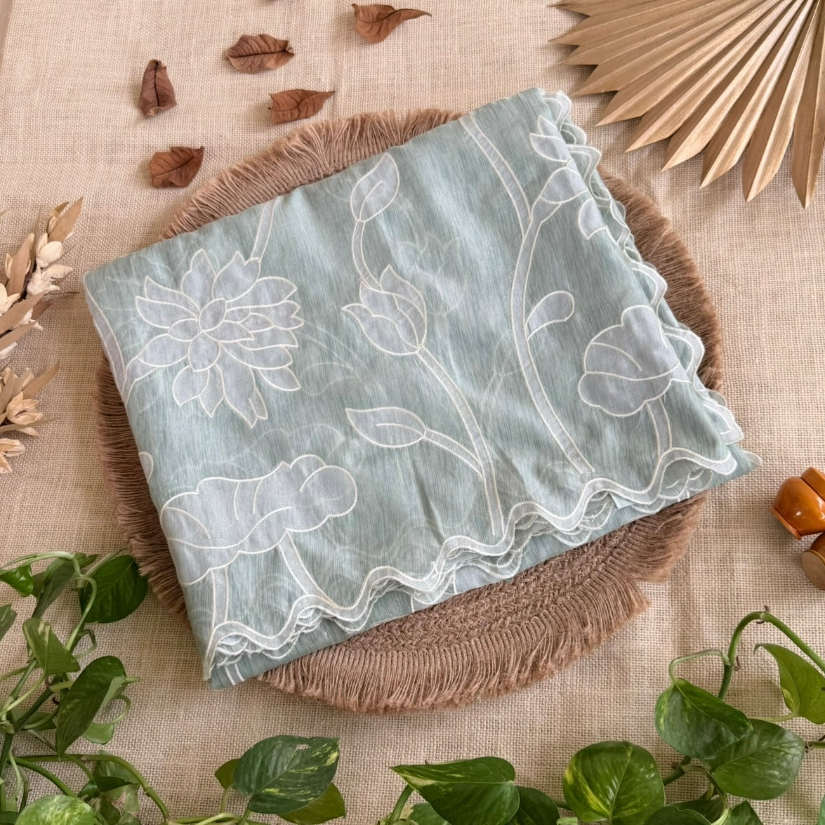 Pastel Green Linen Organza Appliqué Saree