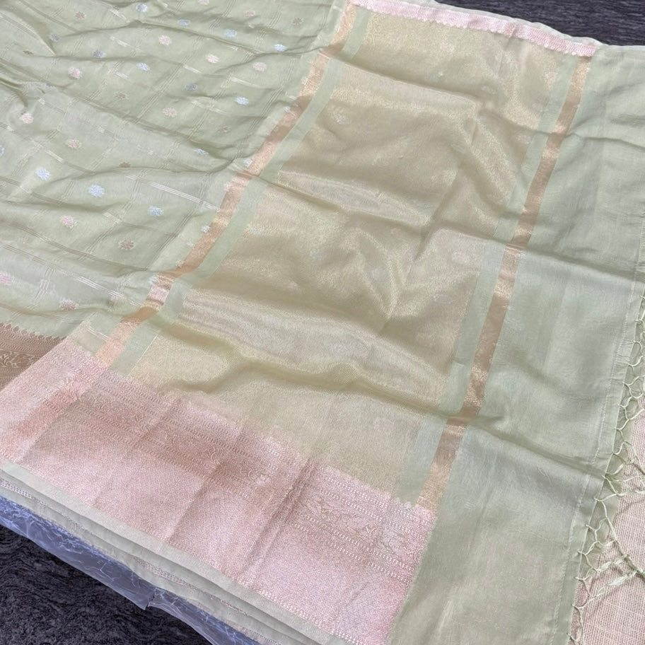 Pastel Green Checked Kora Silk Saree