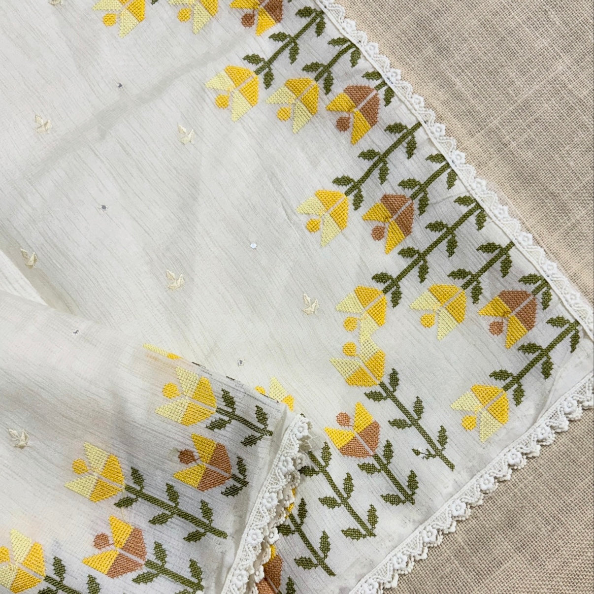 White n Yellow Floral Cross Stitch Embroidery Linen Saree