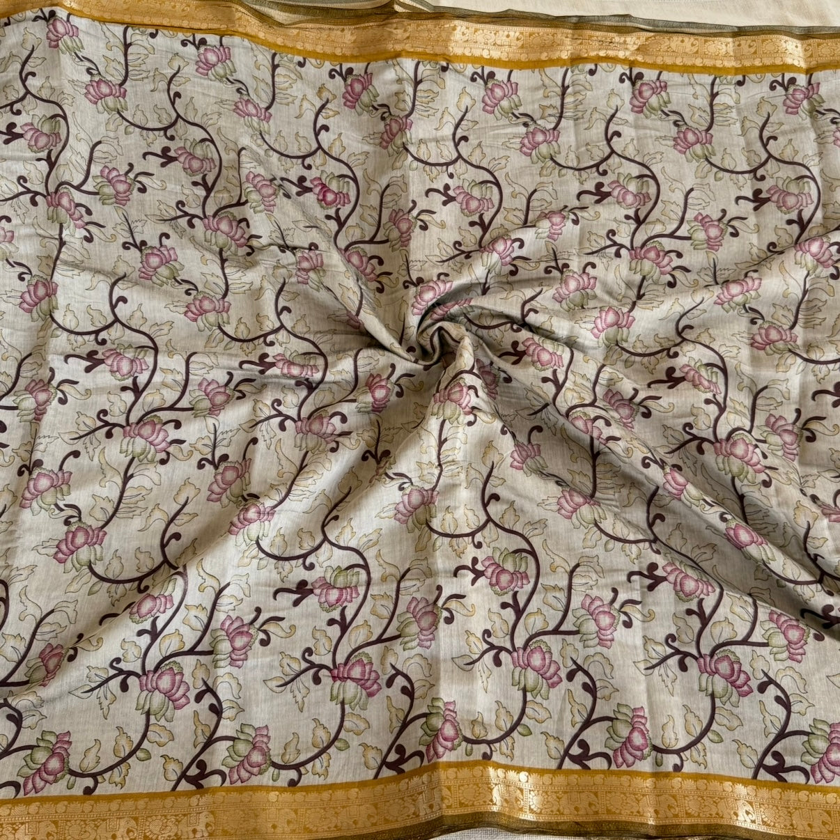 Olive Green Kalamkari Fancy Cotton Saree