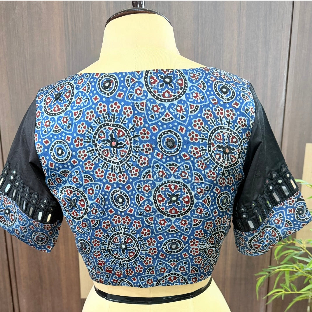Indigo Ajrakh Floral Modal Mirror Embroidery Blous
