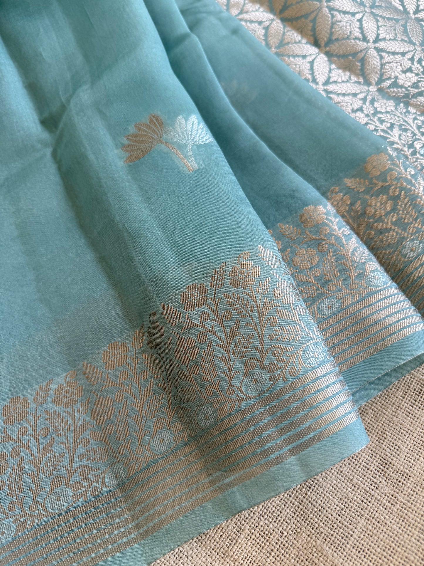 Pastel Blue Floral Kora Silk Saree