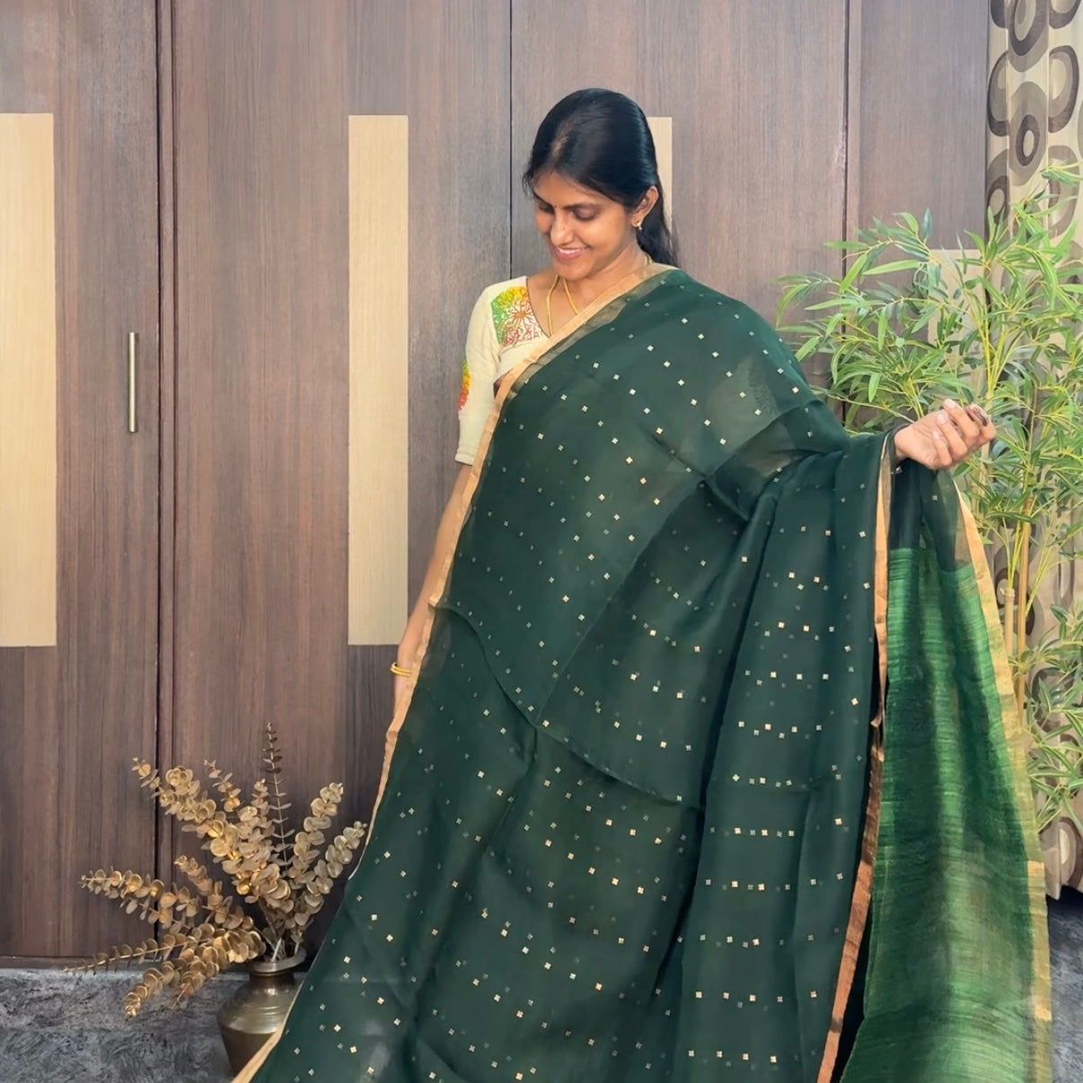 Dark Green Pure Muslin Sequin Paithani Pallu Saree