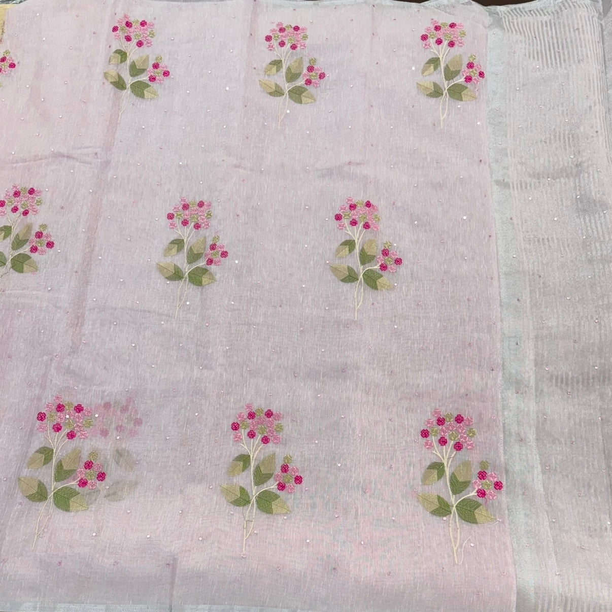 Pastel Pink Floral Embroidery Tissue Linen Saree