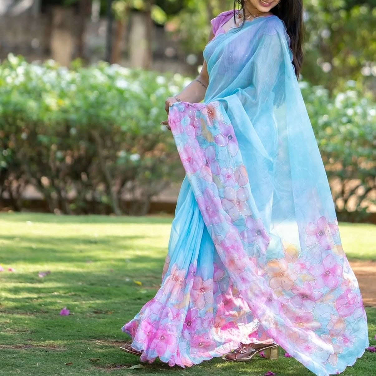 Sky Blue Floral Embroidery Linen Sequin Saree