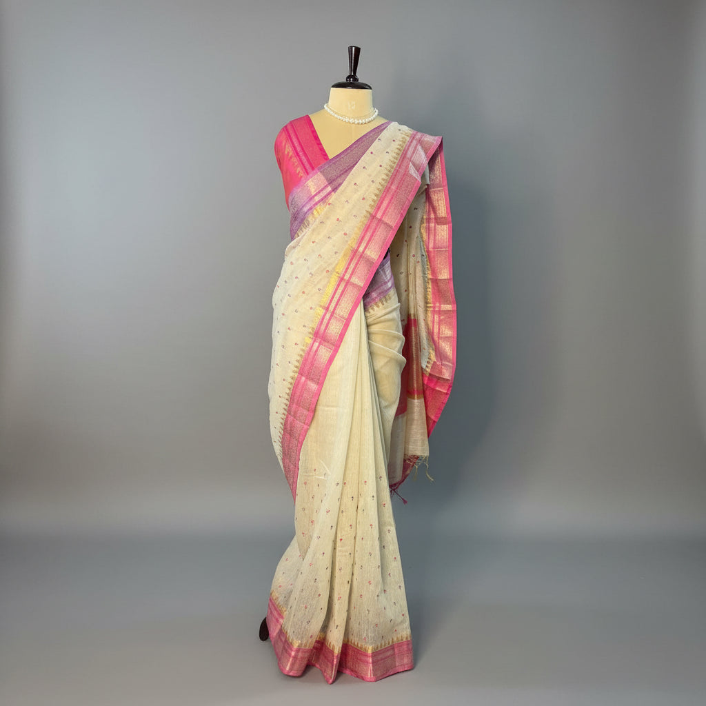 Beige Pink Lilac Floral Embroidery Linen Saree