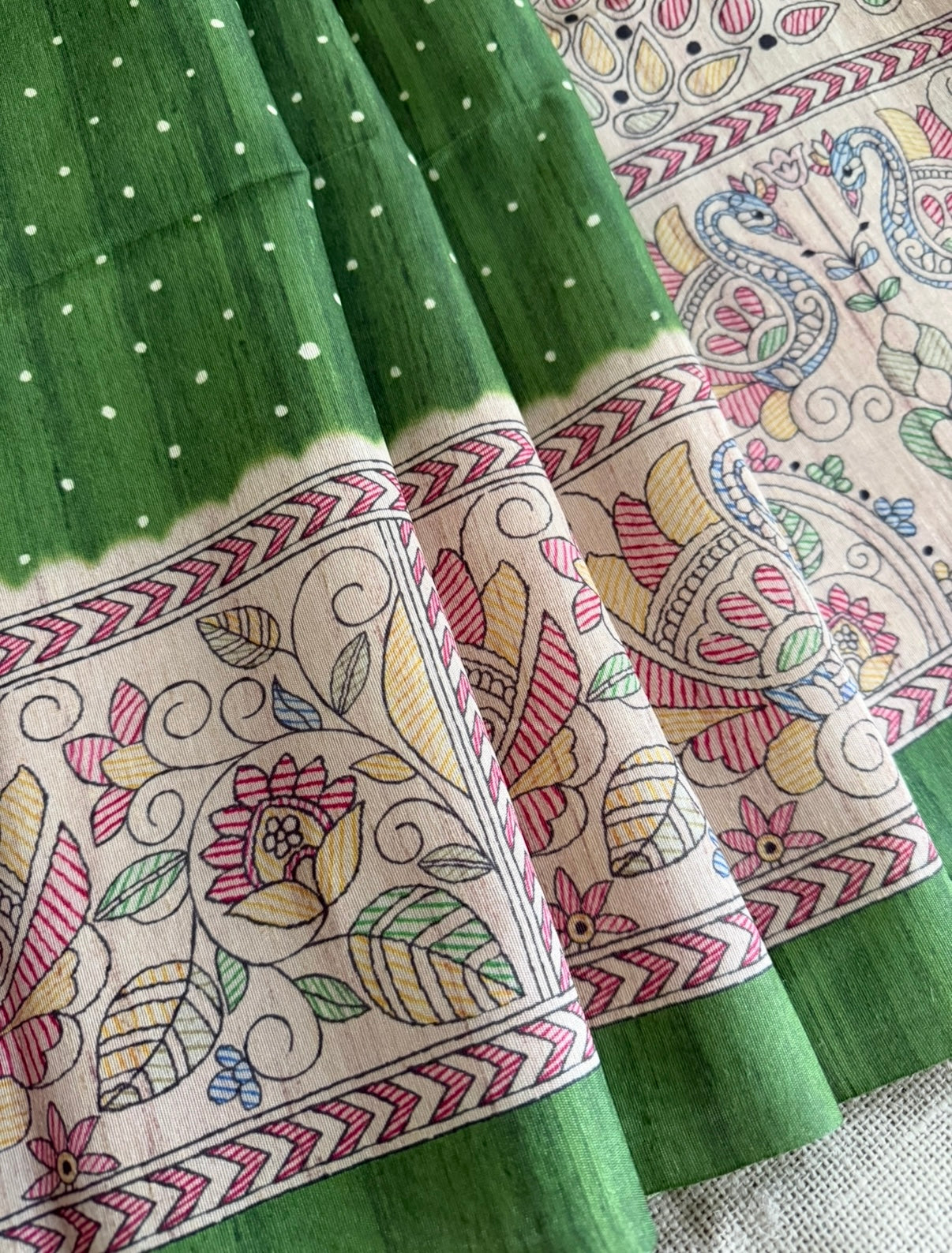 Mehandi Green Madhubani Semi Tussar Saree