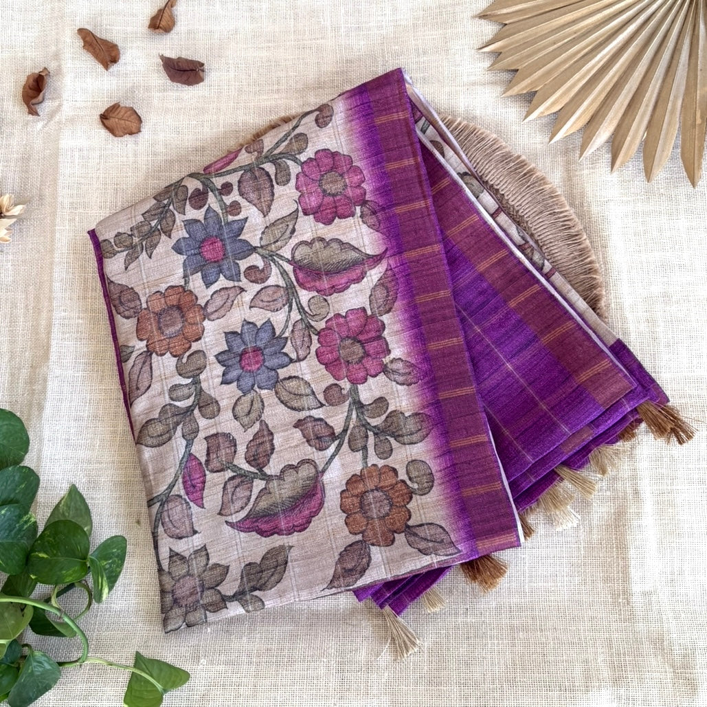 Magenta Checks Kalamkari Semi Tussar Saree