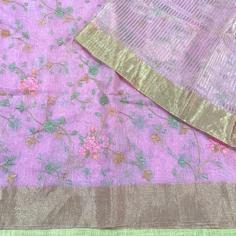Blush Pink Floral Embroidery Tissue Saree