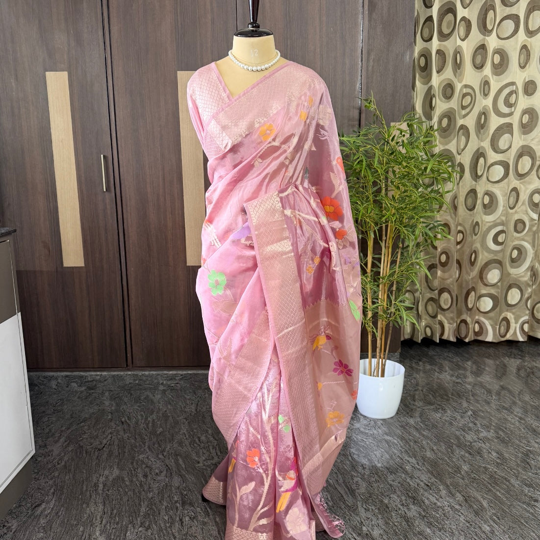 Onion Pink Meena Weave Paper Silk Saree 
