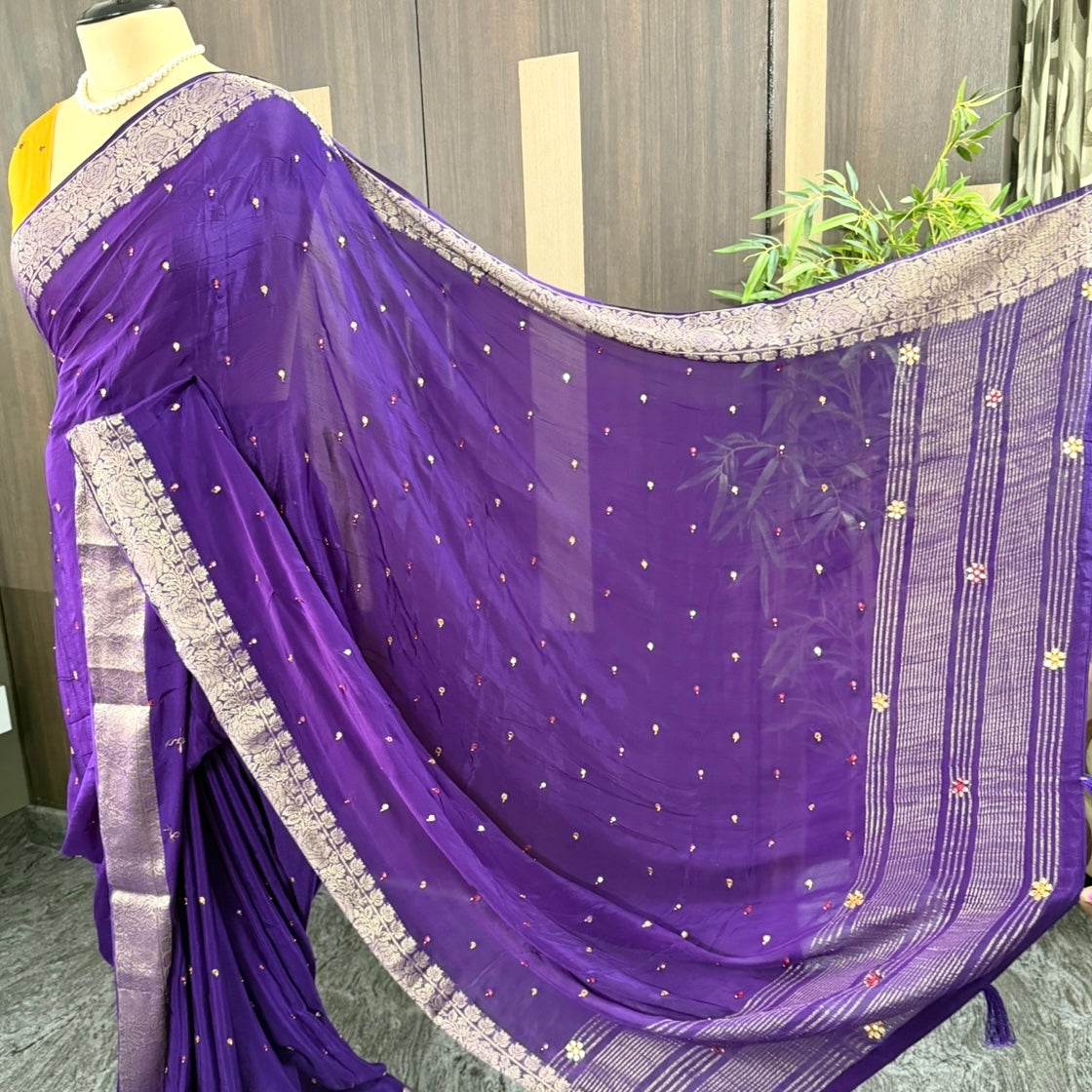 Purple mirror work chinnon saree with yellow mirror work blouse piece