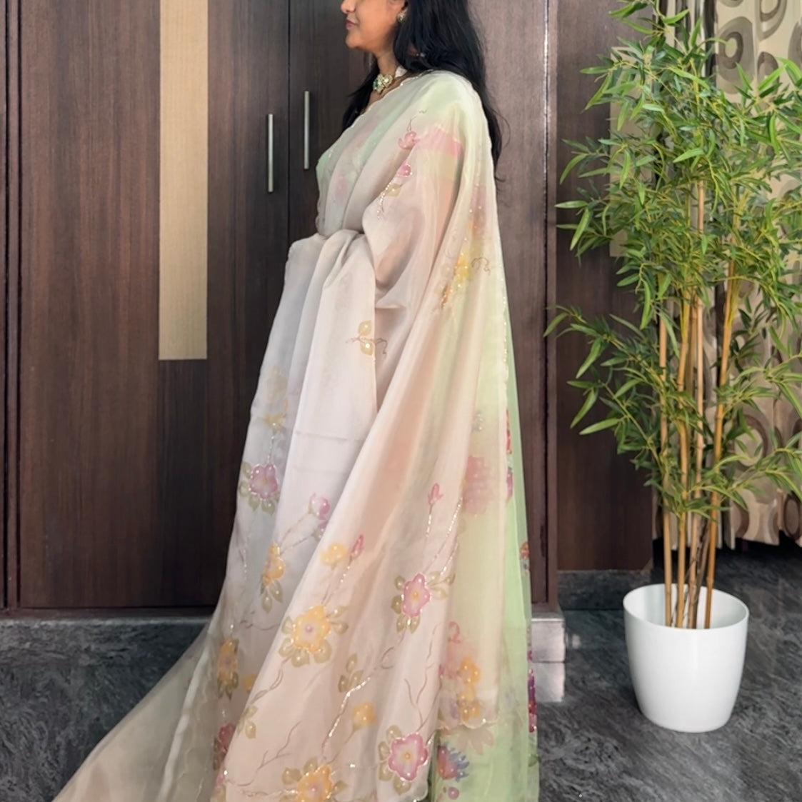 Pearl Ivory Soft Organza Designer Saree