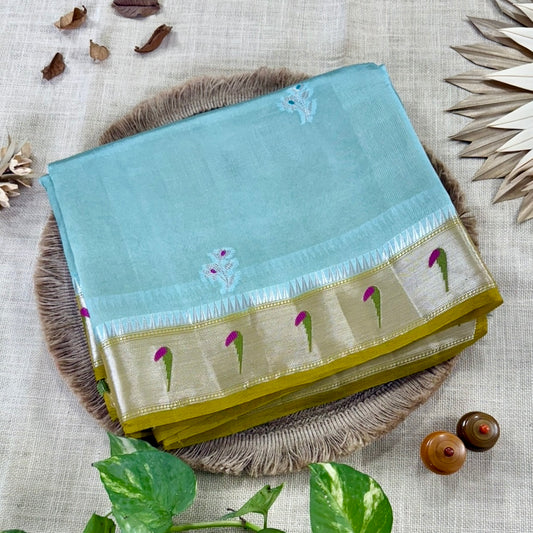 Soft Pastel Aqua Floral Paithani Style Pure Kora Silk Saree