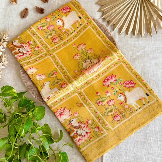 Mustard Yellow Pichwai Printed Pure Tussar Silk