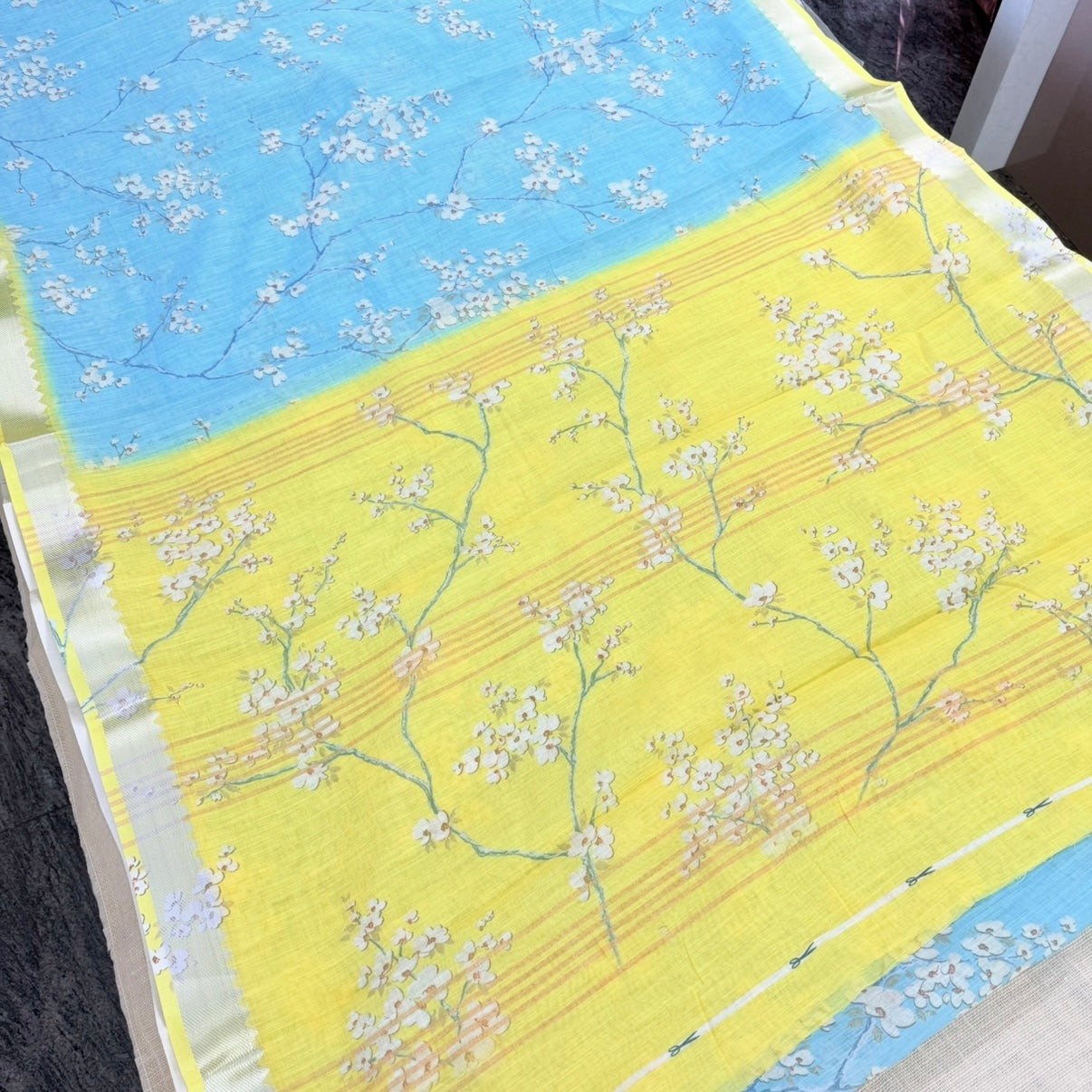 Sky Blue n Yellow Floral Embroidery Linen  Saree