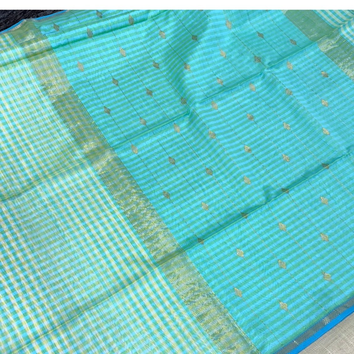 Sky Blue Yellow Checked Maheshwari Silk Cotton Saree