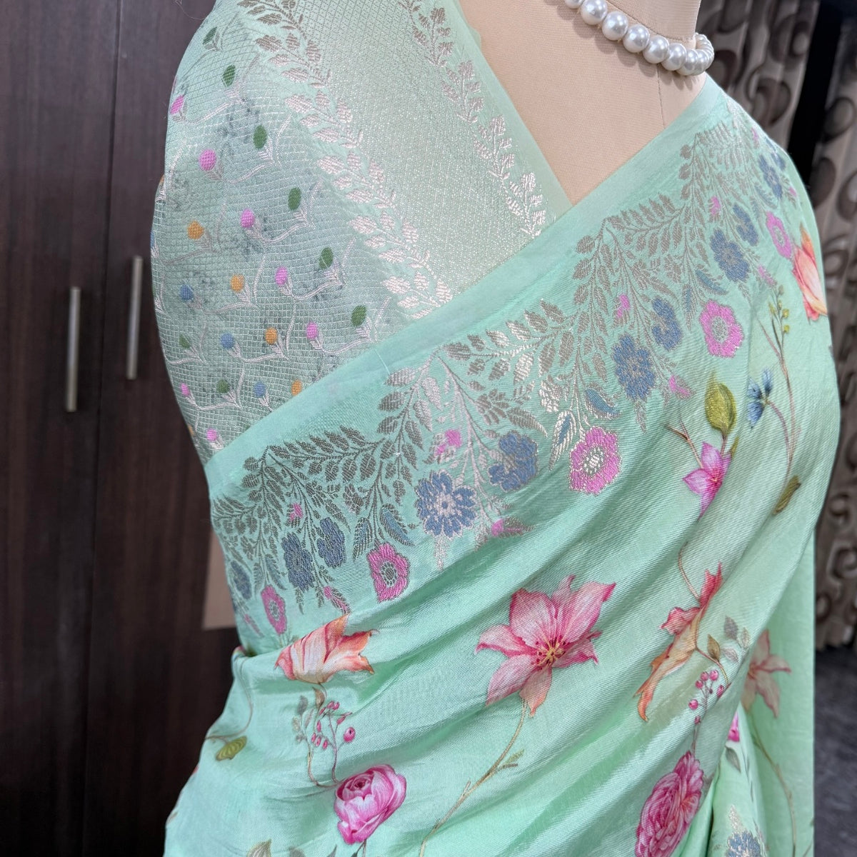 Aqua Mint Multicolour Floral Crepe Silk Saree
