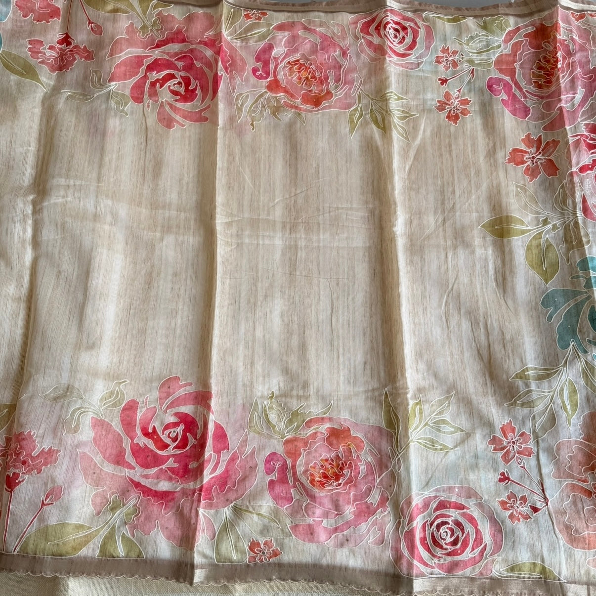 Beige Floral Embroidery Scallop Chapa Tussar Saree