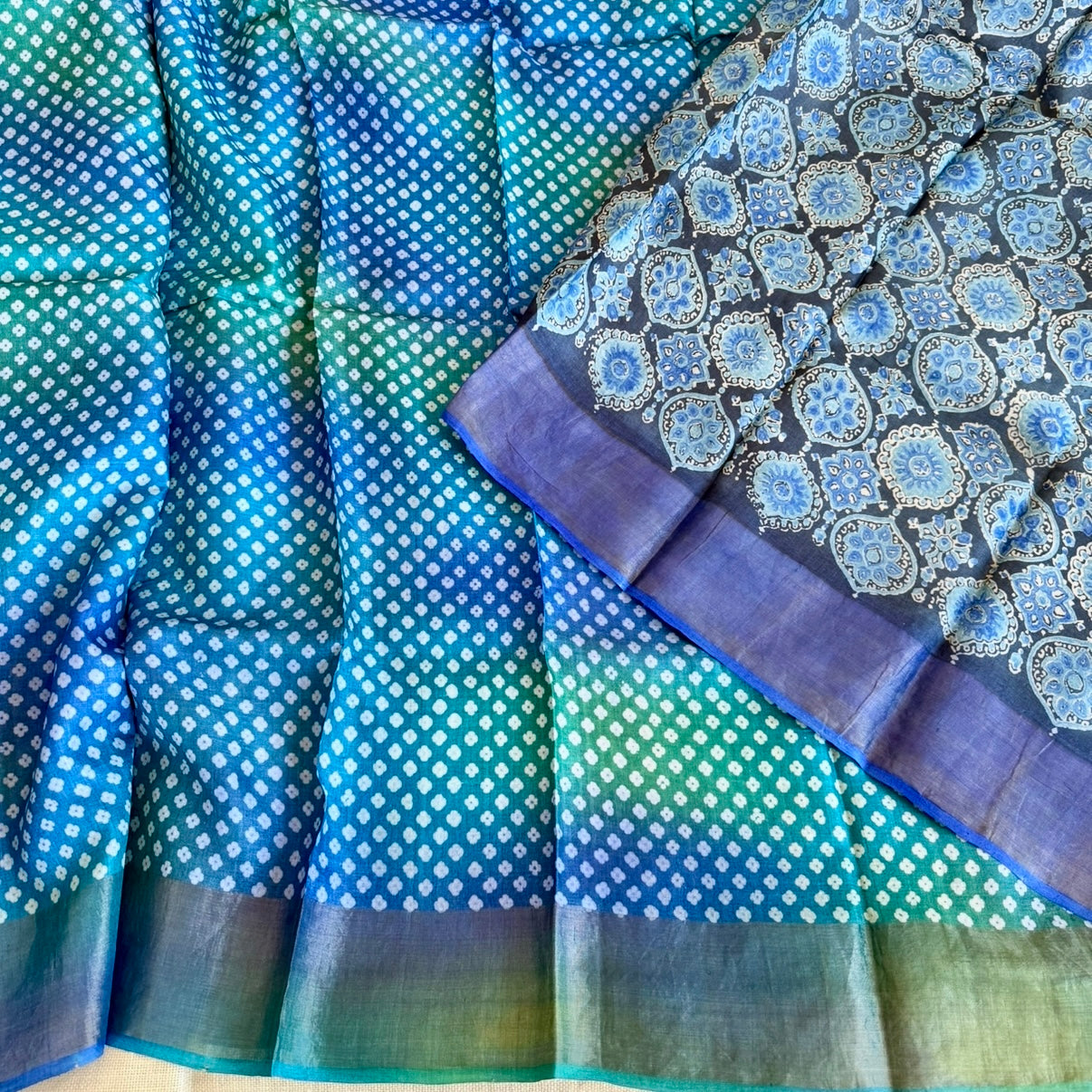 Peacock Blue Green Ajrakh Pallu Pure Tussar Silk Saree