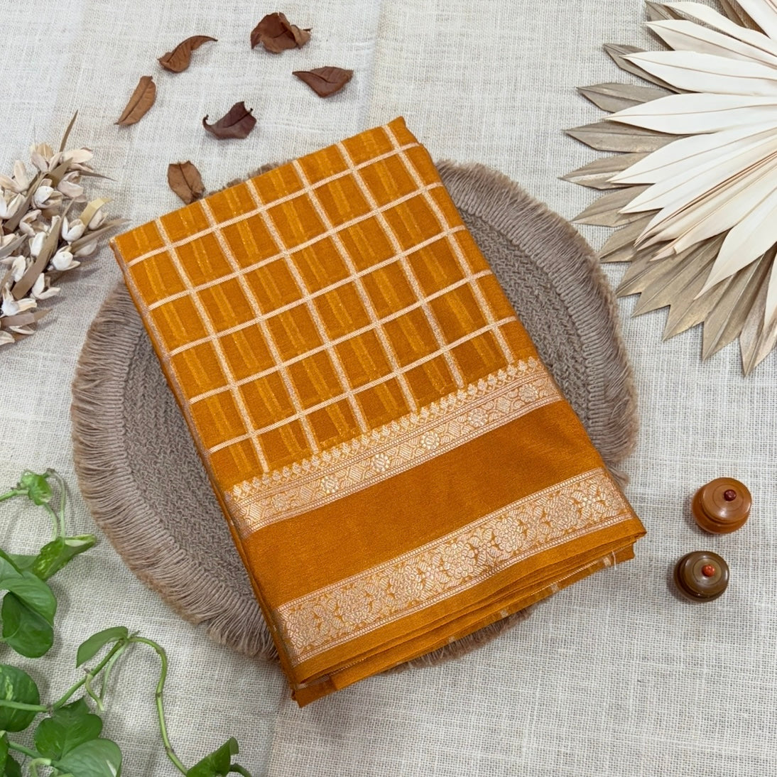 Mustard Checked Raw Silk Saree
