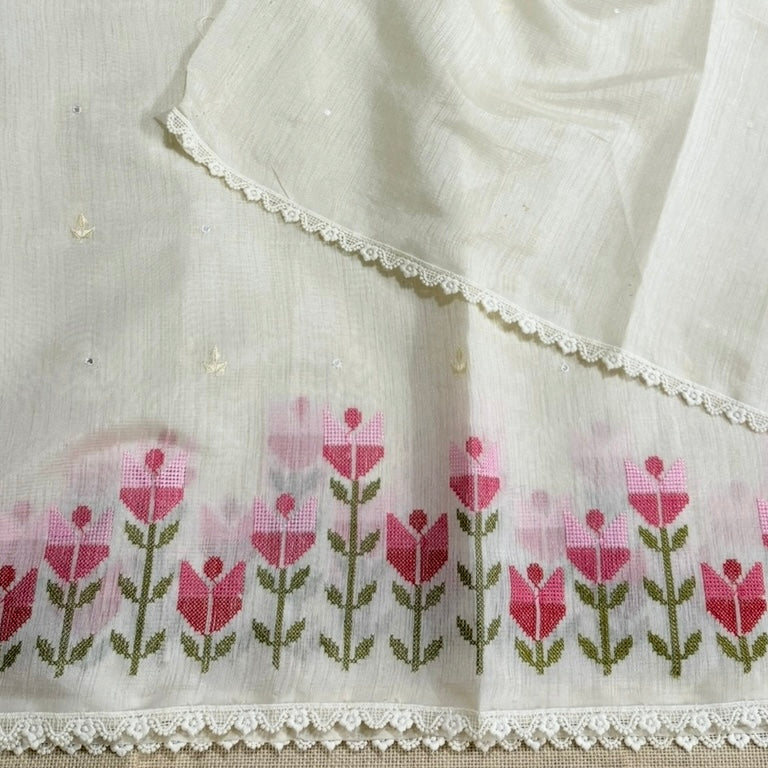 White n Pink Floral Cross Stitch Embroidery Linen Saree