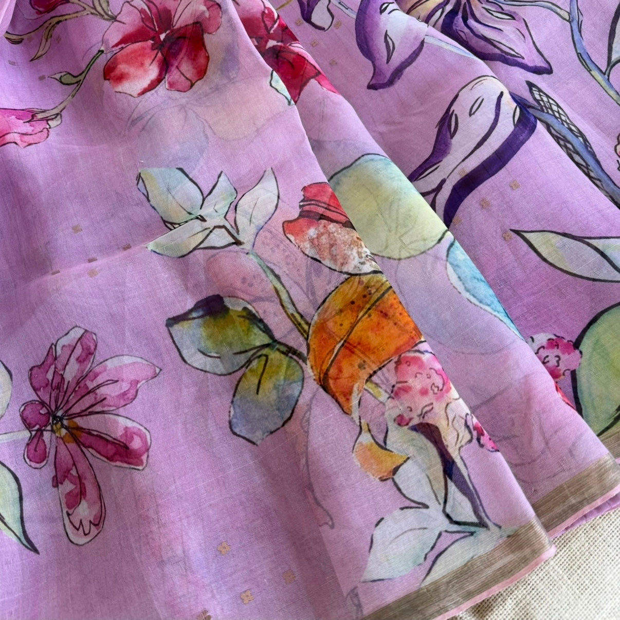 Pinkish Lavender Floral Digital Printed Muslin Sequin Silk