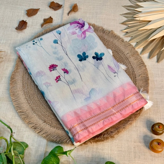 Ivory Mist tissue linen saree with peach-pink floral print and silver zari stripes – Vini's Ethnic
