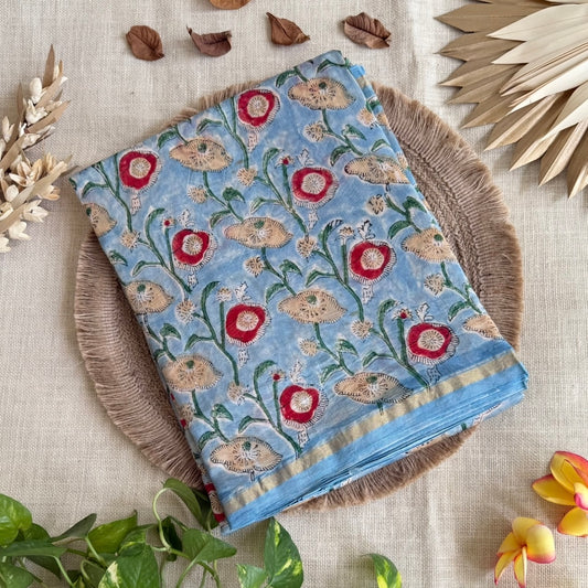 Sky-Blue Floral Chanderi Silk Cotton Saree