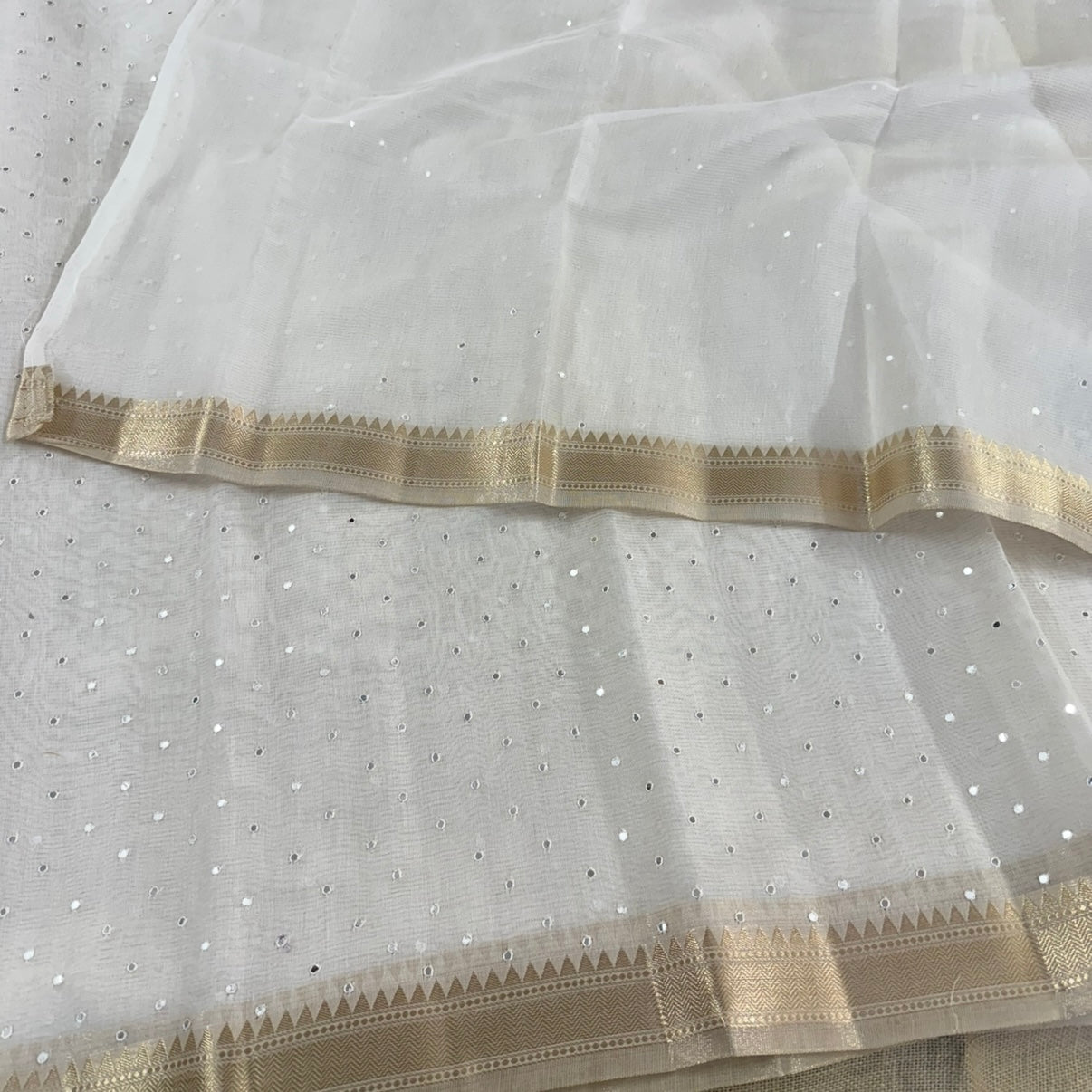 Off White Gold Silver Zari Mirror work Linen Silk Saree