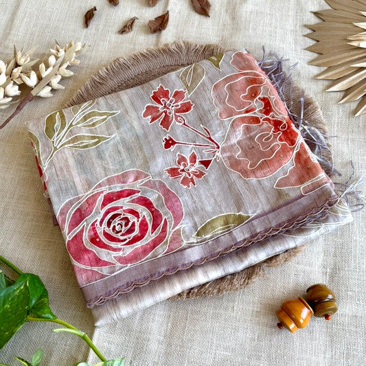 Mauve Floral Embroidery Scallop Semi Tussar Saree