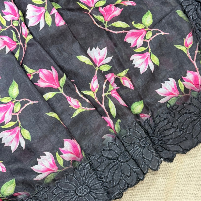 Black Floral Scallop Semi Tussar Saree