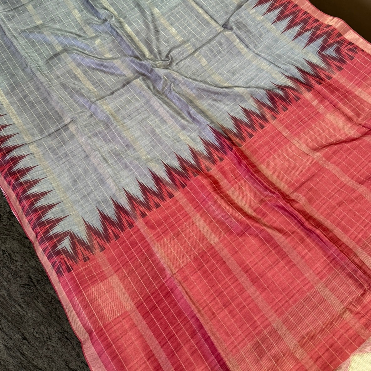 Silver Grey with Deep Maroon Semi Tussar Saree