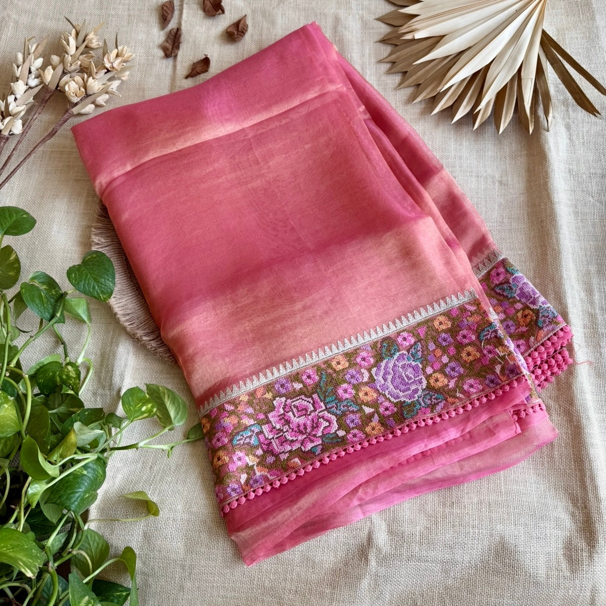 Pink Pure Tissue Petit Embroidery Saree