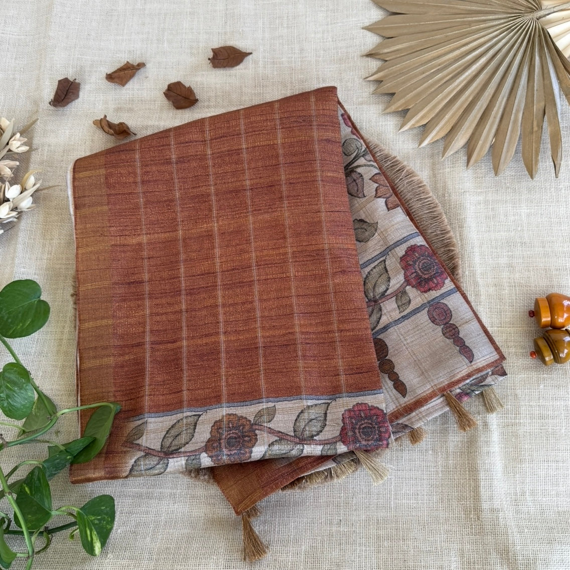 Rust Brown Checks Kalamkari Semi Tussar Saree