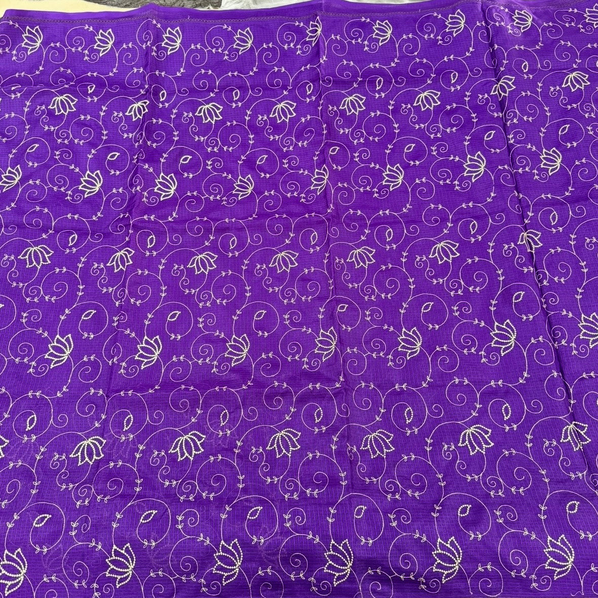 Crochet embroidery detail on purple Kota cotton saree