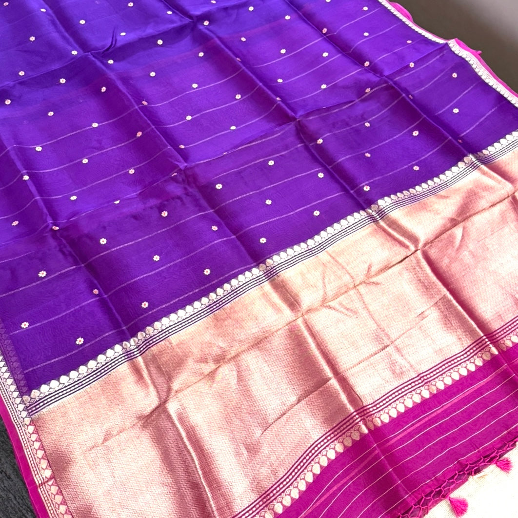 Purple with Pink Pure Kora Silk Saree