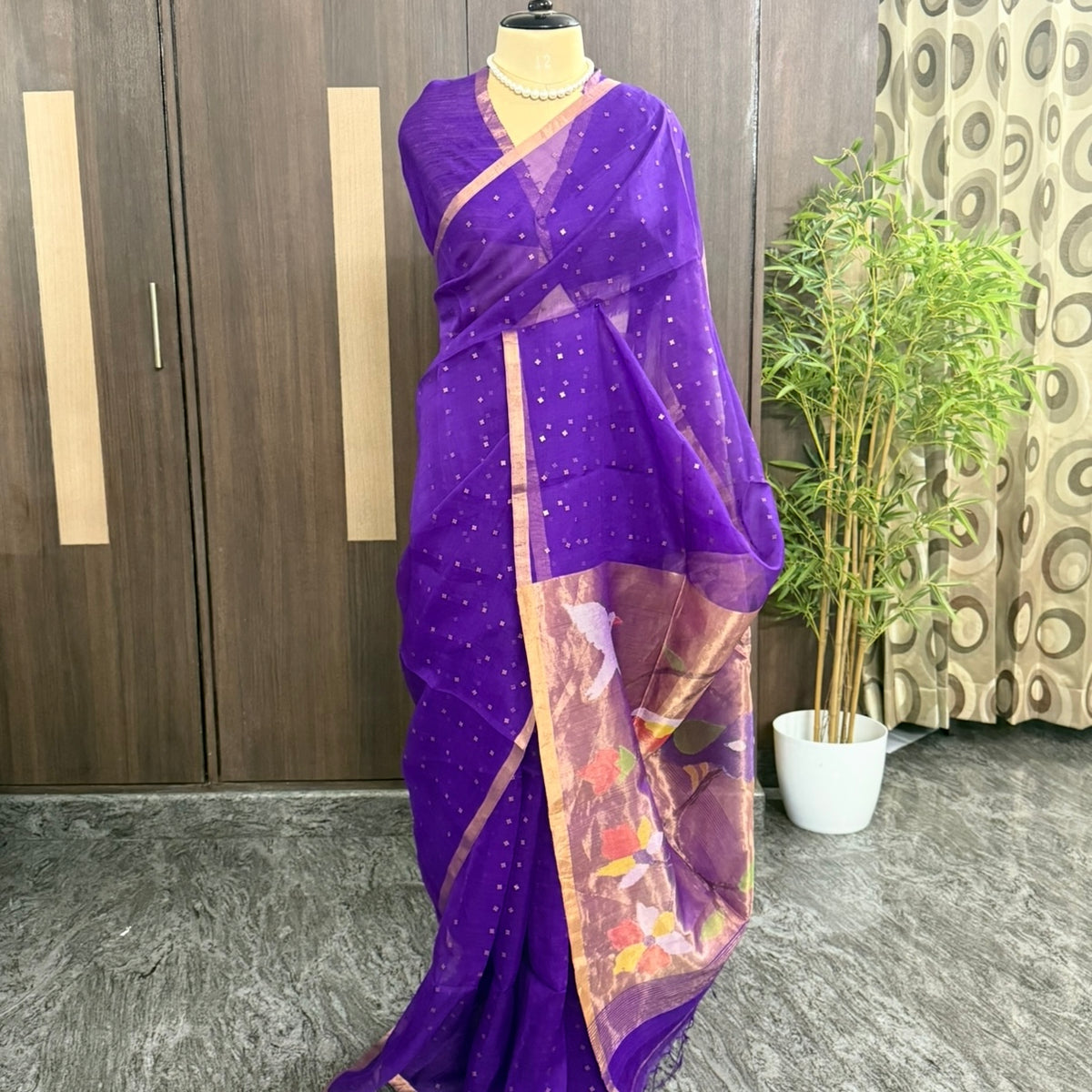 Purple Pure Muslin Sequin Paithani Pallu Saree