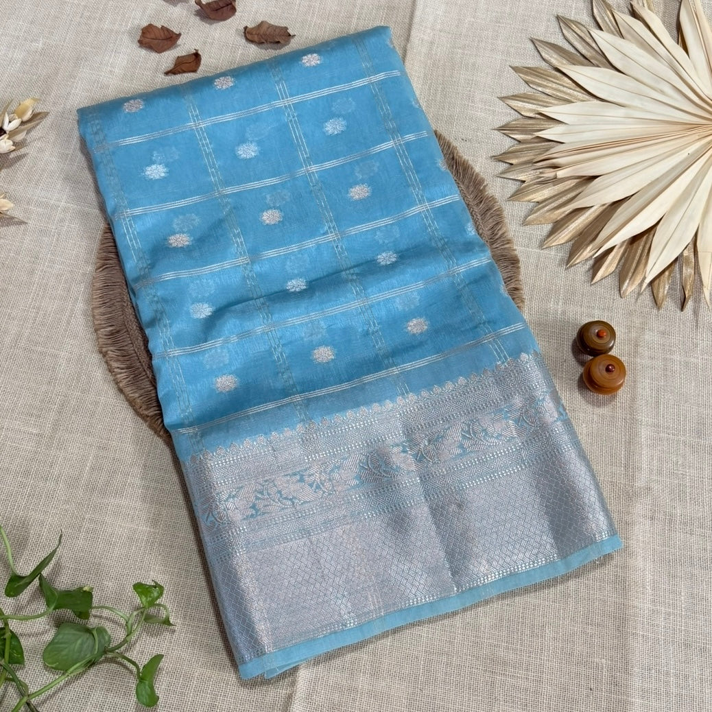 Pastel Blue Checked Kora Silk Saree