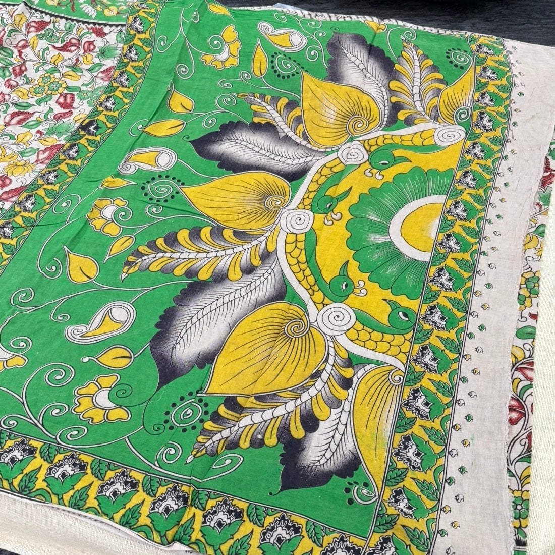 Beige Green Floral Kalamkari Cotton Saree