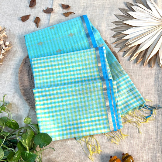 Sky Blue Yellow Checked Maheshwari Silk Cotton Saree