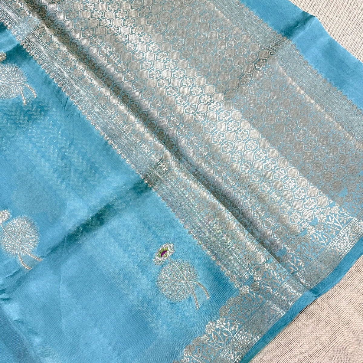 Pastel Blue Lotus Kora Silk Saree - Vini’s Ethnic